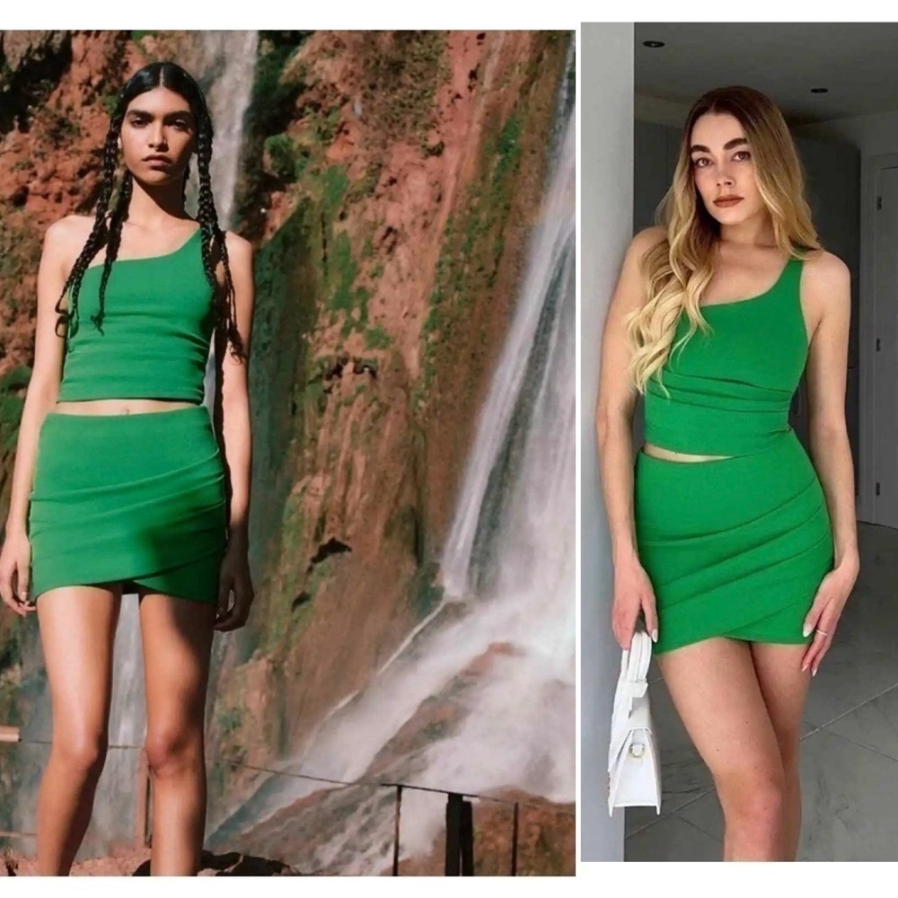 Zara green draped ruched mini skirt Sz L NWT